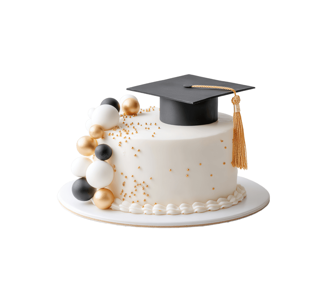 Raffinata torta artigianale per laurea ricoperta di panna bianca, decorata con un tocco nero e nappa dorata, sfere decorative bianche, nere e oro di diverse dimensioni e una pioggia di zuccherini dorati.
