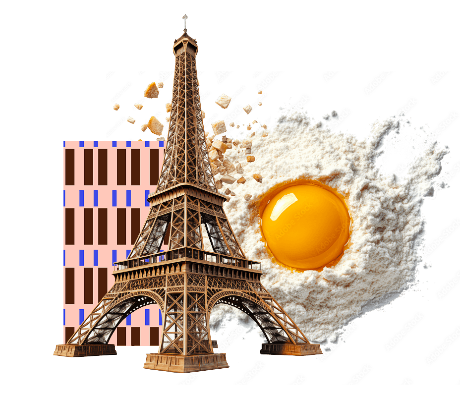 Composizione artistica evocativa della Pasticceria Martinangeli (Le Dolci Tradizioni) che unisce l'iconica Torre Eiffel a ingredienti fondamentali come farina e un tuorlo d'uovo fresco, simboleggiando l'incontro tra ispirazione internazionale e tradizione artigianale.