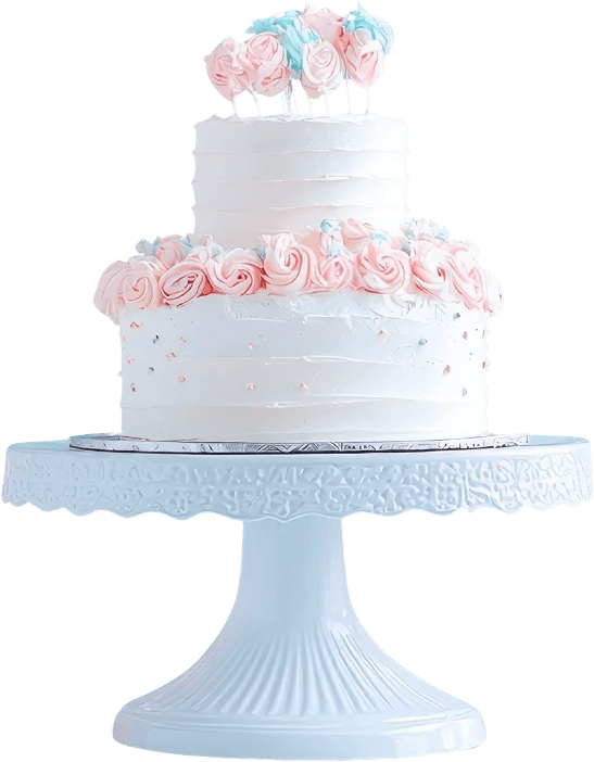 Elegante torta artigianale a due piani ricoperta di panna bianca, decorata con una corona di roselline in crema rosa e azzurre e piccoli punti dorati, presentata su un'alzata azzurra.